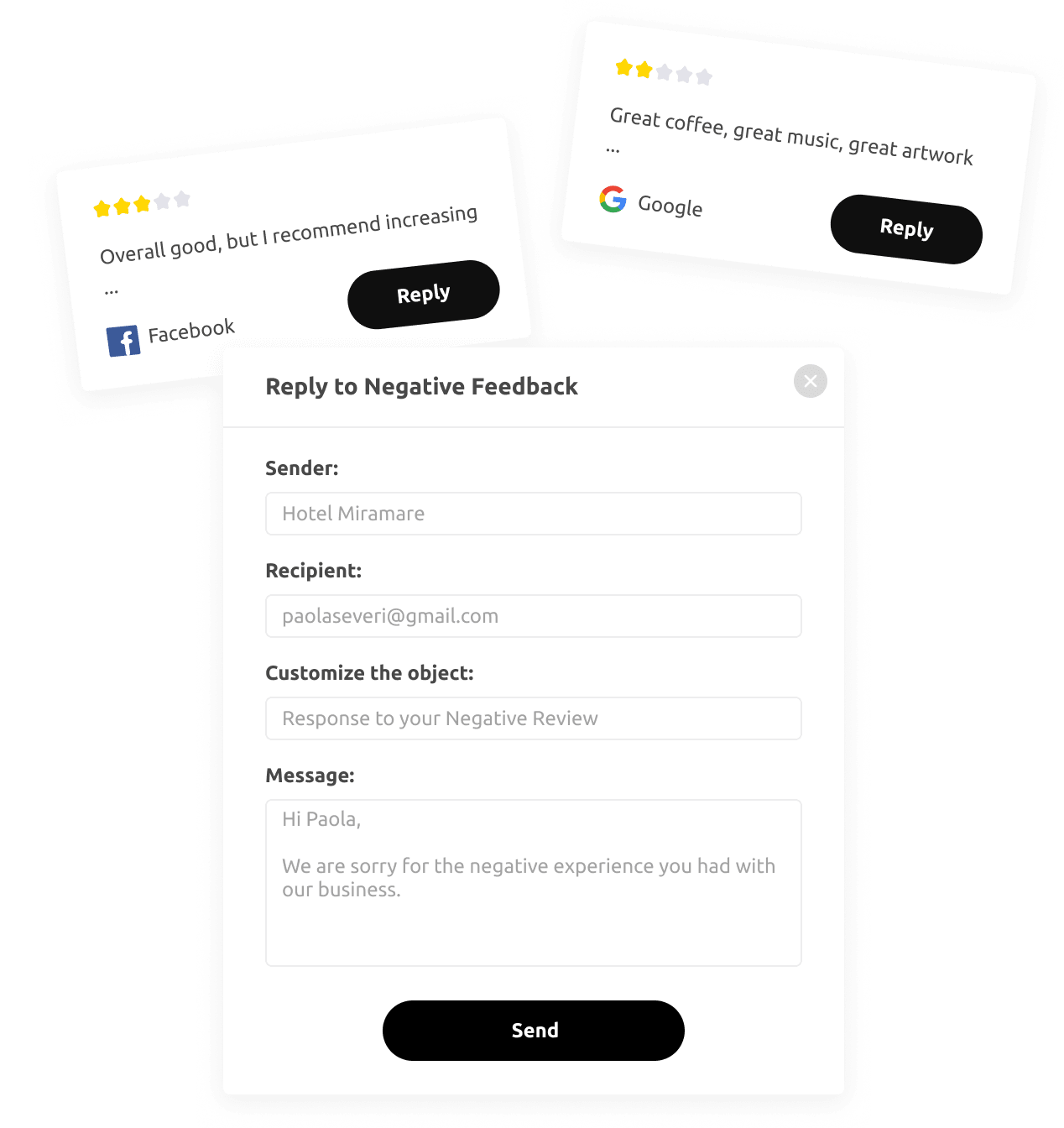 A set of cards designed for managing reputation and improving online feedback, including keywords related to reputation management software and Google review.