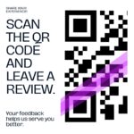 A purple QR code with the words "scan the code" and "leave a review.