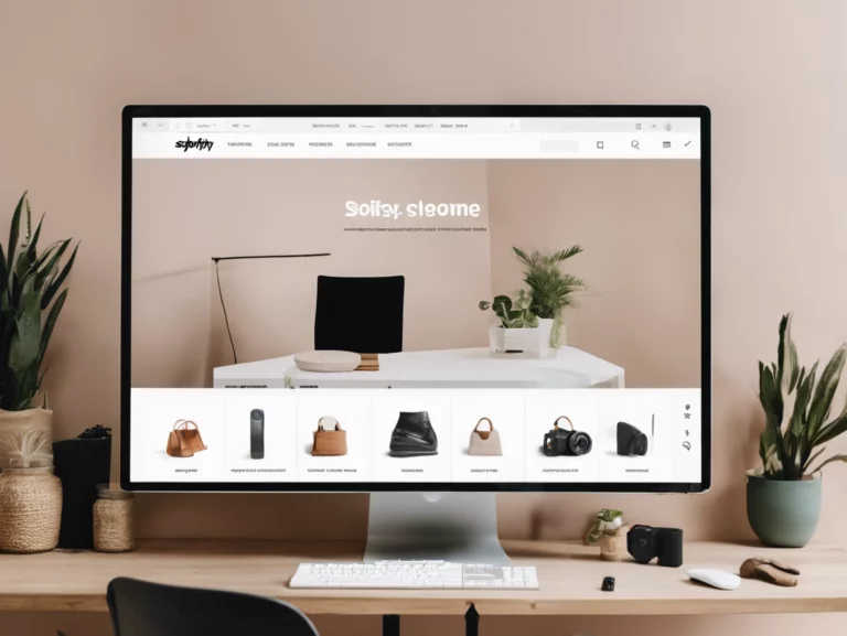 A clean, modern workspace with a large computer monitor displaying an online store's product page. The desk has plants, a keyboard, and small decorative items. The screen highlights various products including bags and accessories against a minimalist background.