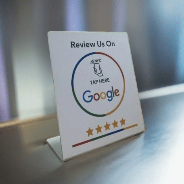 A small standing sign displays "Review Us On Google" with an NFC tap icon and a QR code. The Google Review Card includes an illustration of a hand tapping a smartphone, along with five gold stars below the text. The background is blurred.