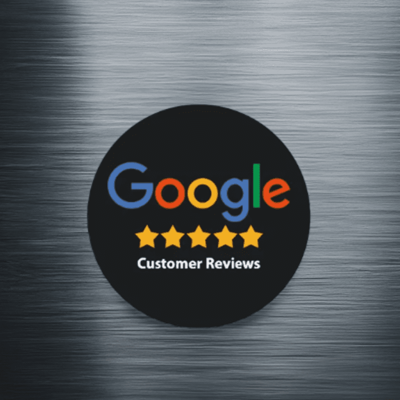 Circular black badge displaying the Google logo above five gold stars and the text "Customer Reviews" against a silver, brushed-metal background. The text and stars are centered on the badge, and the overall design indicates a high rating from Google customer reviews.