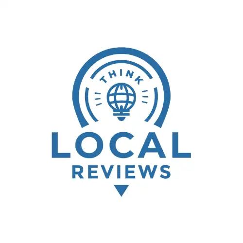 A blue logo features a location pin icon with a globe inside and the word "THINK" in an arch above the globe. Below the icon, the text reads "LOCAL REVIEWS" in bold, uppercase letters. The background is white.