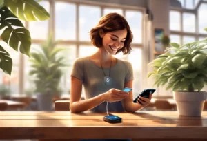 A woman with short brown hair smiles as she uses a credit card with NFC technology to make a payment via a smartphone and card reader. She is sitting at a wooden table in a bright and airy café, surrounded by lush green plants. Sunlight streams through large windows in the background.