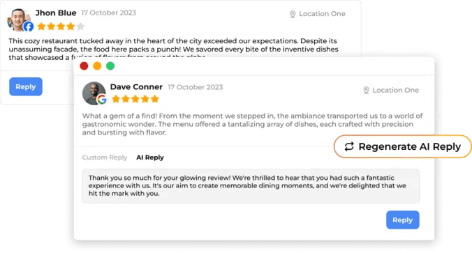 A screenshot of a review interface showing a five-star review by "Bhanu B" and another five-star review by "Dave Conner" for a restaurant. The reviews praise the location, ambiance, and dishes. There's an option to regenerate AI replies.