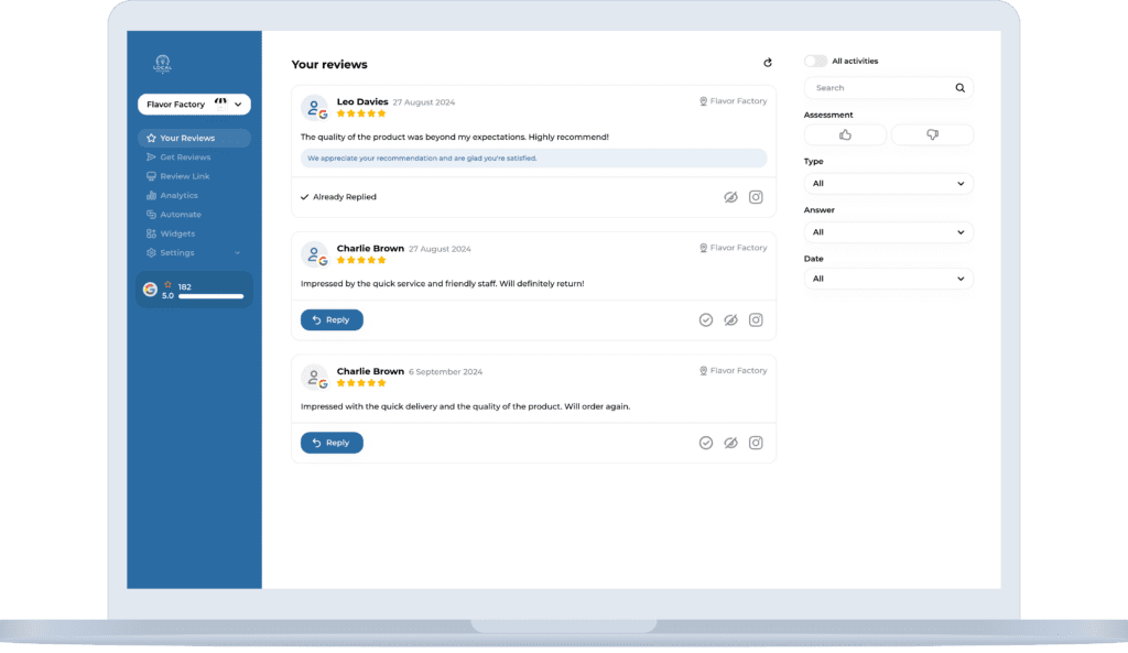 A laptop screen displaying a review management interface with user reviews. The page shows star ratings, review text, and options to reply. The sidebar has navigation options like 'Your Reviews,' 'Orders,' 'Dashboard,' and 'Automate.'.