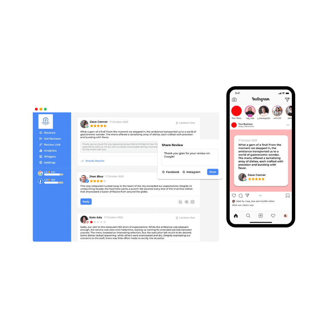 A split screen shows a review platform on the left and an Instagram post on the right. On the left, users are leaving and sharing reviews. On the right, a review about food is posted on Instagram.